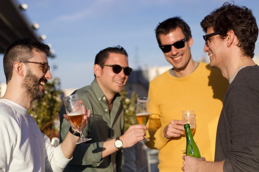 Friends enjoy life in a terrace, a favorite activity of the Spanish lifestyle