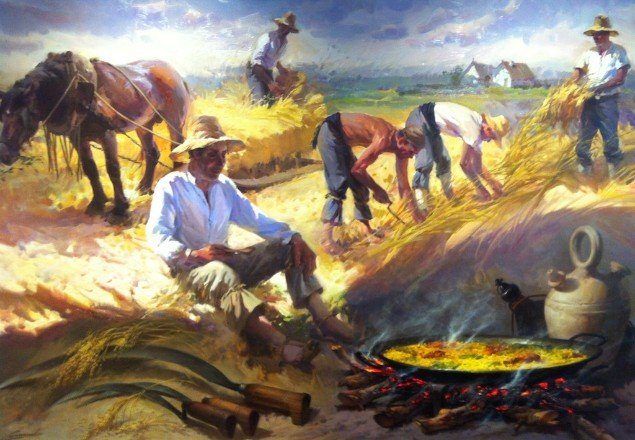 A painting of a typical day of the fields in La Albufera, Valencia, where the rice workers collect the rice, even with the help of horses, while one of them takes care of the rest by cooking what we are sure is a lovely Paella