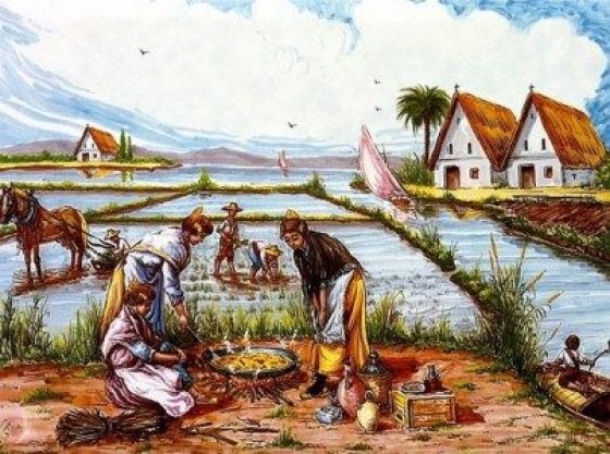 A painting from a day of rice workers in the fields of La Albufera, Valencia, Spain. It was usual that between 2 or 3 workers dedicated their time to prepare a Paella for the rest of the workers as a labor of love and solidarity