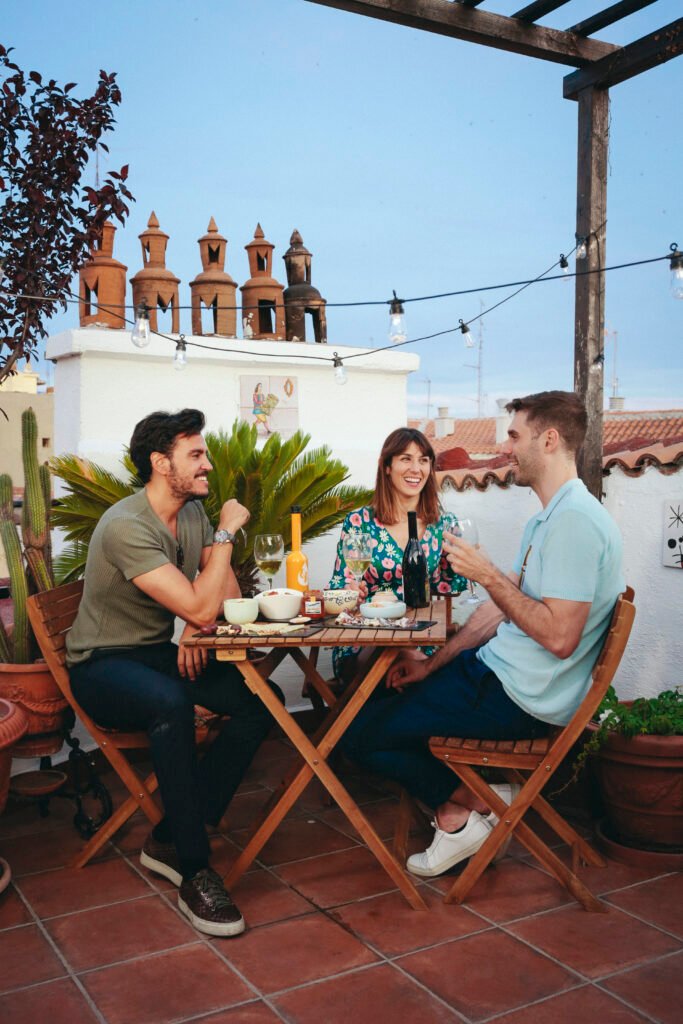 Spanish friends at a terrace enjoying life with classical Spanish products. Viva la Vidorra.